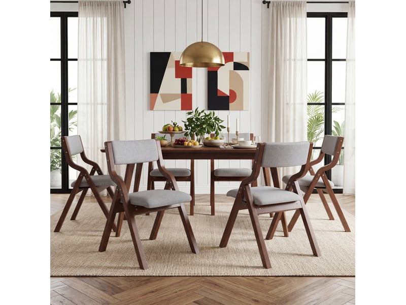  Chaise de salle à manger pliable lot de 6 avec rembourrage, rangement compact en bois et lin gris  - Conforama B