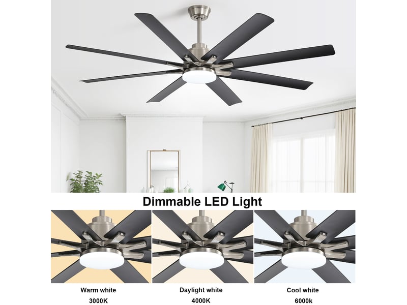 Ventilateur de plafond intelligent 168 cm avec led réglable, moteur réversible, contrôle à distance, abs, nickel brossé - Conforama E