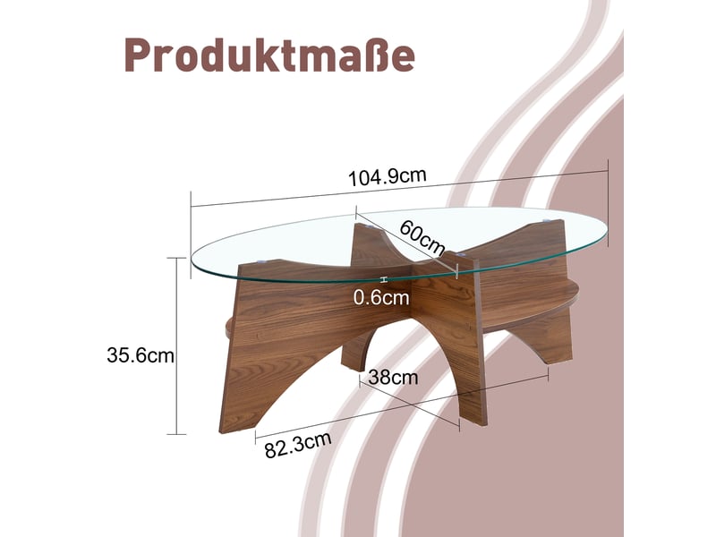  Table basse ovale transparente avec étagère en verre de sécurité et mdf coloris noyer  - Conforama E