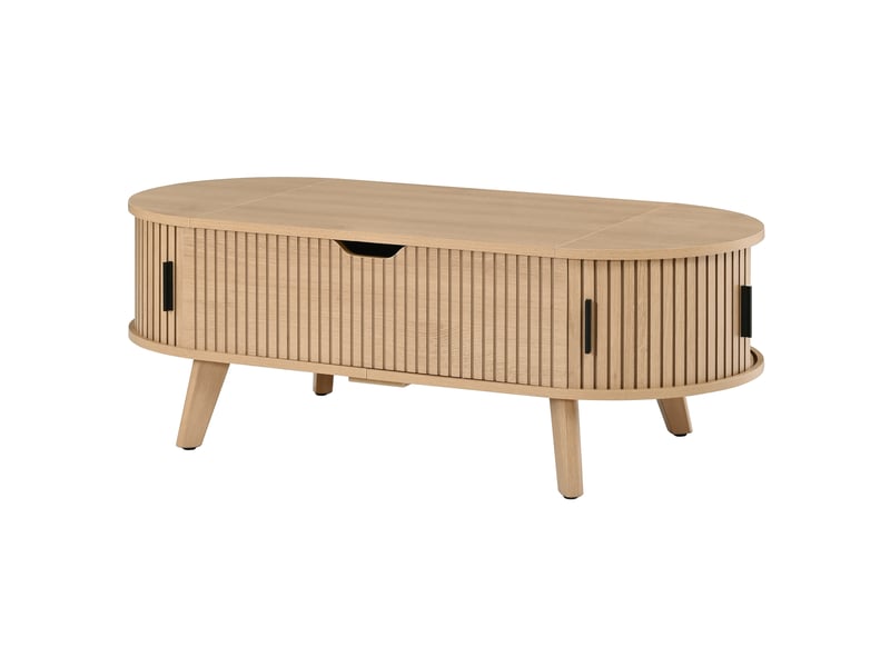 Table basse ovale avec plateau relevable, 110x50 cm, espace de rangement caché et 2 portes coulissantes, couleur naturelle - Conforama A