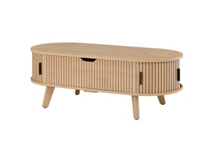 Table basse ovale avec plateau relevable, 110x50 cm, espace de rangement caché et 2 portes coulissantes, couleur naturelle