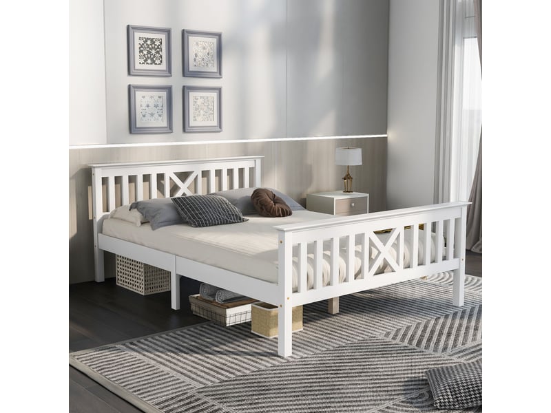  Lit 140x200 cm en bois massif, lit double en pin avec tête de lit, sommier à lattes, design naturel blanc  - Conforama E