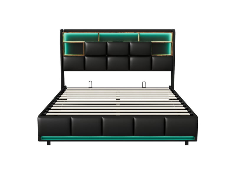 Lit coffre 2 places 140x200 cm avec rangement, lit adulte, 5 niches, minimaliste moderne, led, port usb, pu noir - Conforama E