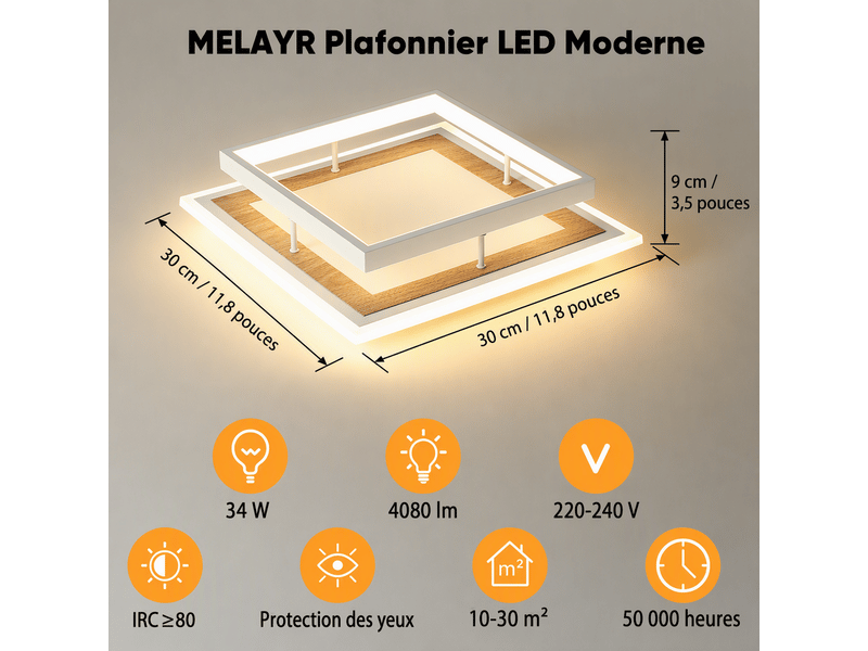 Plafonnier led carré moderne, d30 x h9 cm, lampe de plafond 34 w 2817 lm, blanc sable et bois, 3000 k, salon, chambre, cuisine - Conforama C