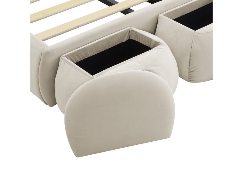 Lit enfant 90 x 200 cm en velours beige avec oreilles de lapin, led et 2 poufs Fay Lum - Conforama E