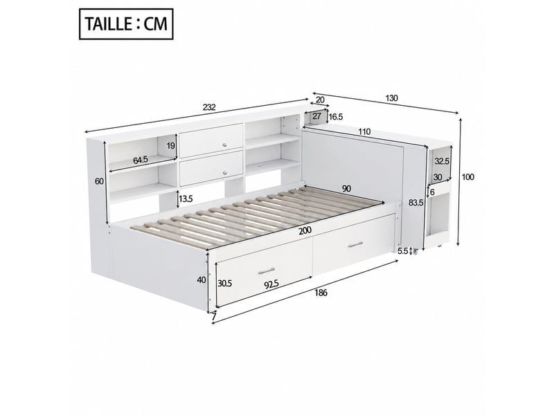  Lit banquette simple en bois blanc avec 2 tiroirs, bureau coulissant et 2 ports usb, 90x200 cm  - Conforama D