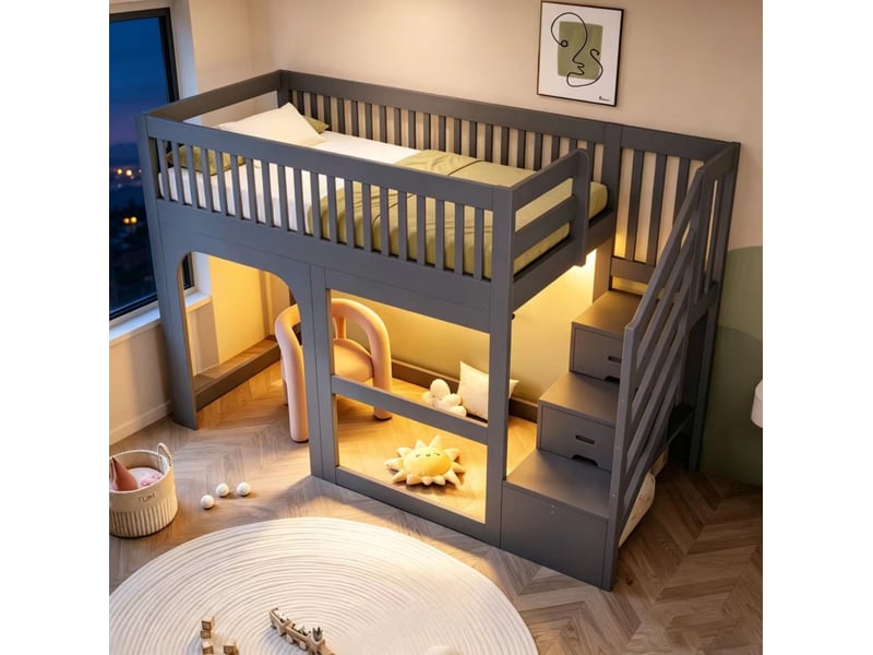  Lit mezzanine, 90x200 cm, avec escalier aménagé, led, garde corps de sécurité, sommier à lattes, bois, coloris gris  - Conforama D