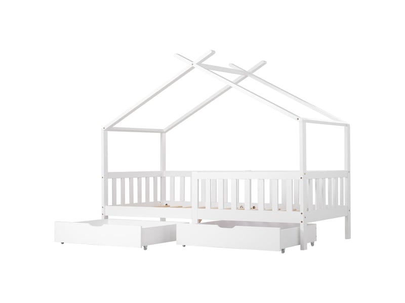  Lit cabane enfant 90x200cm - avec 2 tiroirs de rangement - lit enfant - bois massif, barrière de sécurité, sommier à lattes, blanc  - Conforama A