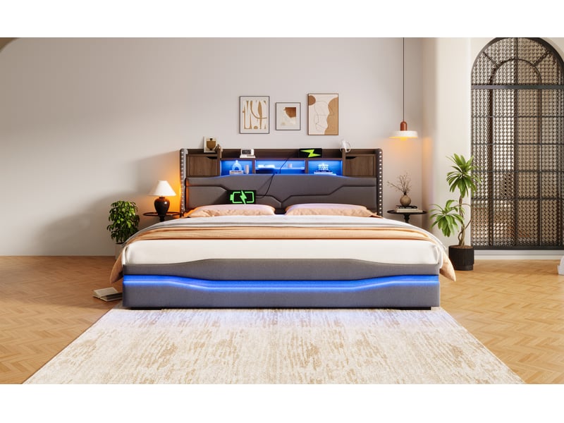  Lit coffre 180 × 200 cm, lin, sommier à lattes, led sous le lit, tête de lit avec rangement, ports usb et usb-c, gris  - Conforama B