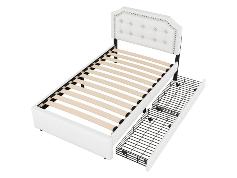  Lit enfant  90x200 cm lit simple avec tiroirs et rivets décoratif, tissu en lin blanc, sans matelas  - Conforama E