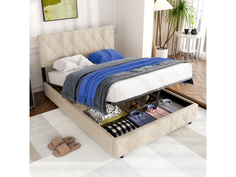 Lit double 140x200 cm avec tête de lit rembourrée beige homvra - Conforama E