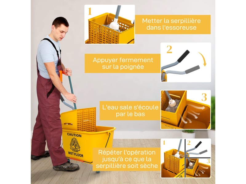  Chariot de ménage chariot de lavage essoreuse latérale seau 20 l, poignée et serpillère, jaune, 45 x 26,5 x 70 cm  - Conforama R