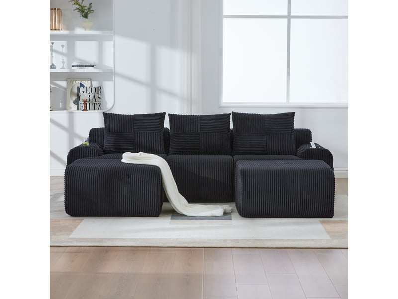 Canapé d'angle panoramique fixe 3 places tissu noir - Conforama D
