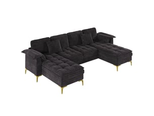 Canapé d’angle en u 4 places noir, chenille, 2 méridiennes, double rembourrage, 2 coussins, pieds métal dorés