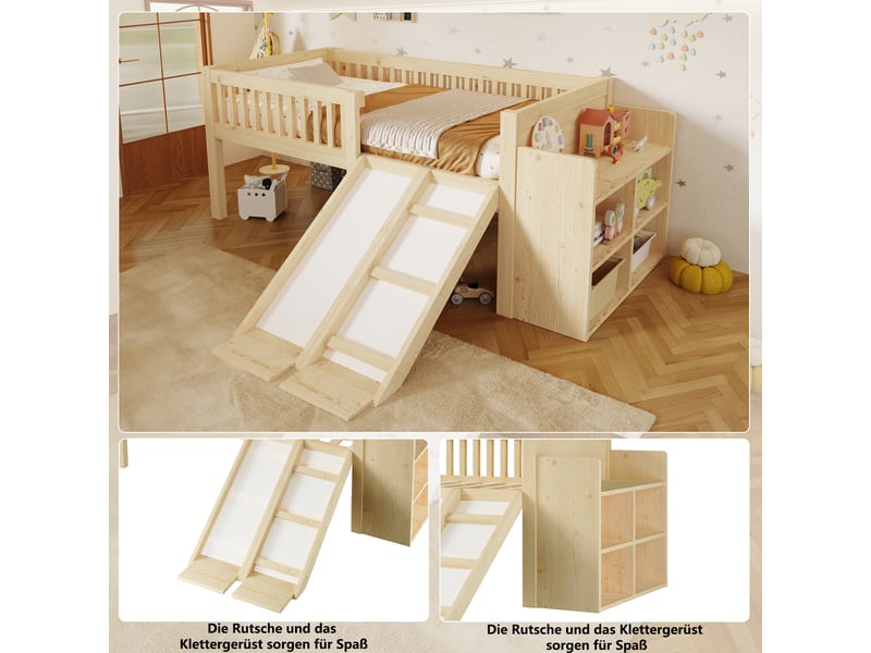 Lit mezzanine 90x200cm pour enfant, toboggan, échelle d’escalade et rangements latéraux ouverts, structure mdf et pin, finition naturelle pour - Conforama E