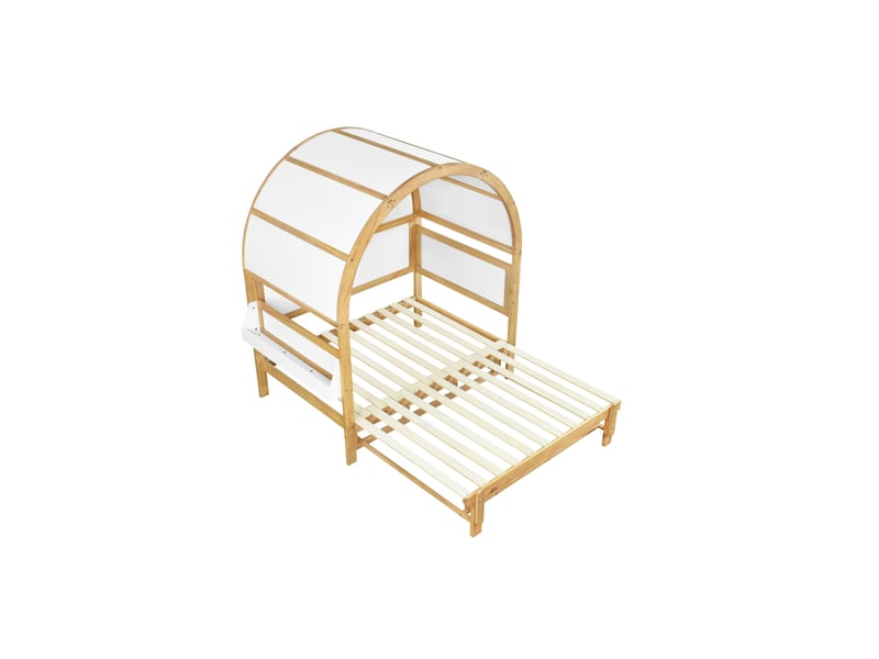  Lit cabane extensible 140 x 200 cm en bois avec lit gigogne, toit voûté, tablette latérale, sommier à lattes, blanc + naturel  - Conforama W