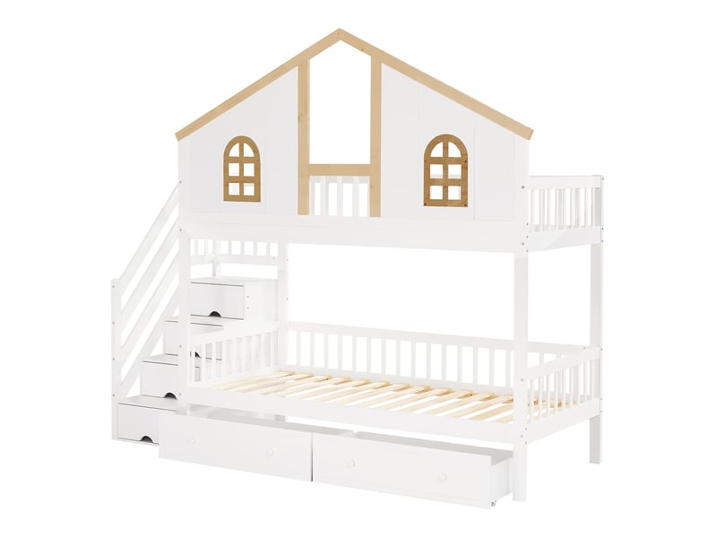 Lit superposé enfant 90x200 cm - pin et mdf, rangements intégrés et fenêtres, blanc naturel - Conforama A