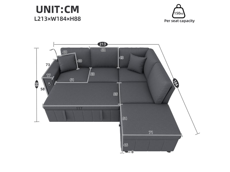  Canapé d'angle convertible 5 places, coffre de rangement, pouf, table rabattable, usb et usb-c, lampe led de lecture - gris  - Conforama C