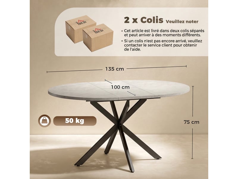 Table à manger extensible ovale pour 4 à 6 personnes, table de cuisine avec rallonge 100-135 cm, effet pierre grise - Conforama C