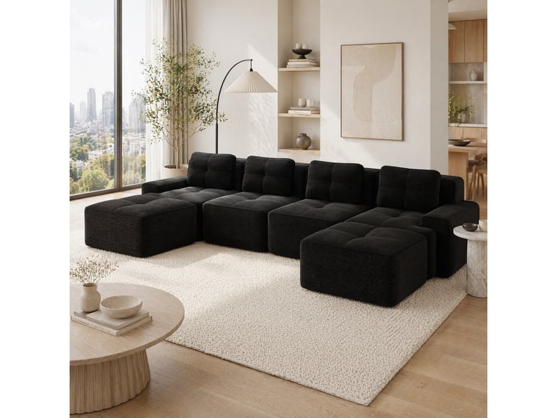  Canapé modulable en u 4 places avec assise profonde, base antidérapante et sans montage, en velours côtelé noir  - Conforama C