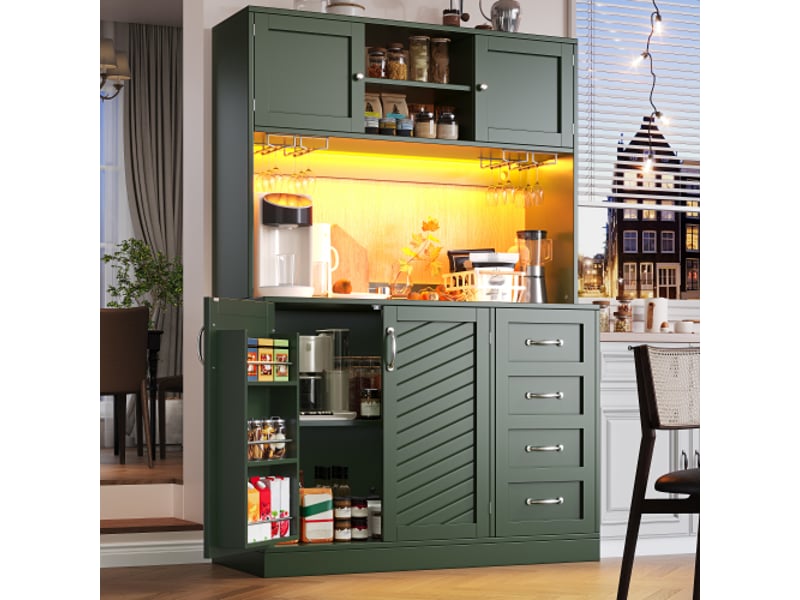  Bahut 120x40x188 cm avec led – buffet vertnoirblanc, 4 portes, 2 tiroirs, porte-boissons, snack  - Conforama B