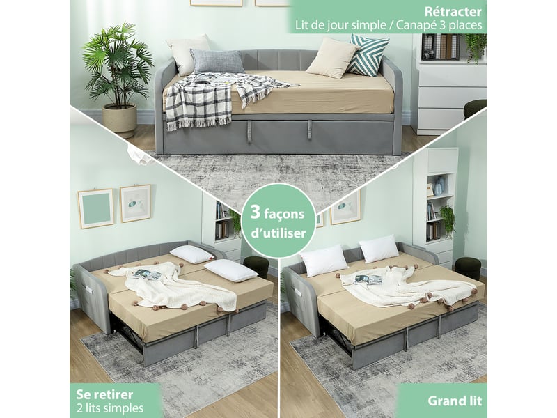Canapé lit gigogne 3 places relevable 90x190, tête rembourrée en velours gris - Conforama R