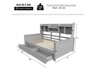 Lit banquette 90x200 cm coloris gris
