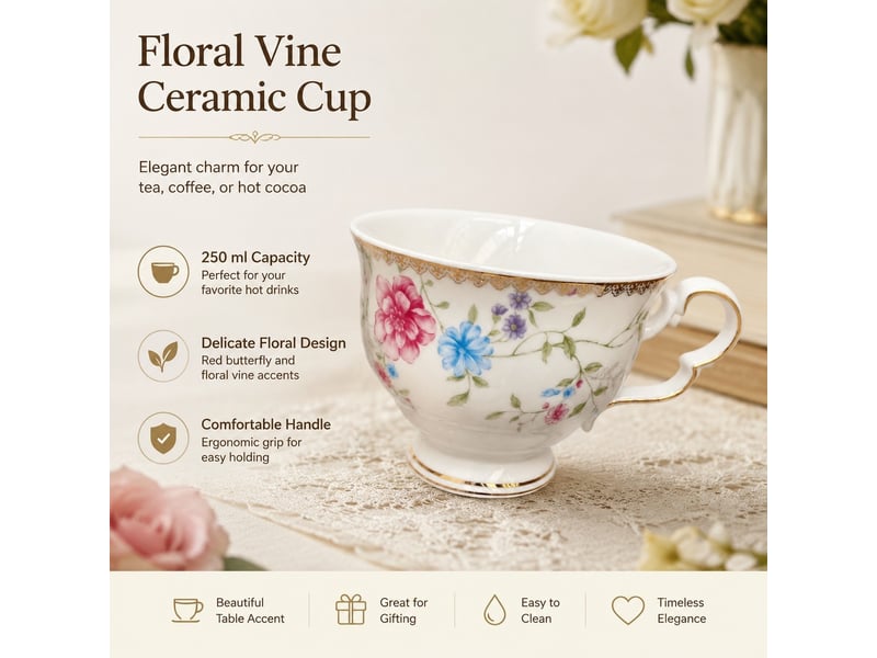  Tasse en céramique, fleurs rouges et bleues, détails dorés, 250 ml  - Conforama B