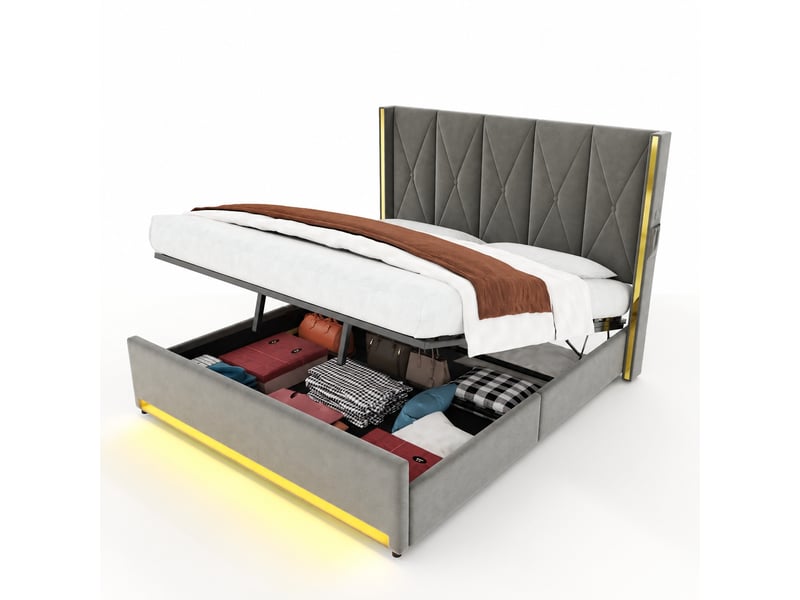  Lit coffre 180x200 en velours gris foncé, tête de lit haute capitonnée, ouverture hydraulique, usb, usb-c et led  - Conforama A