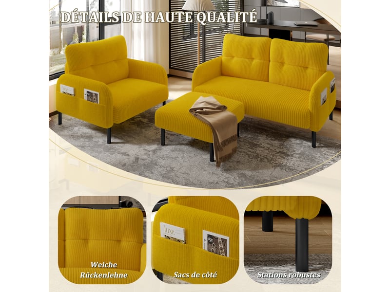 Ensemble 3 pièces velours jaune – canapé 2 places et 3 places + pouf – coussins inclus – poches latérales – idéal pour salon, bureau et chambre - Conforama D