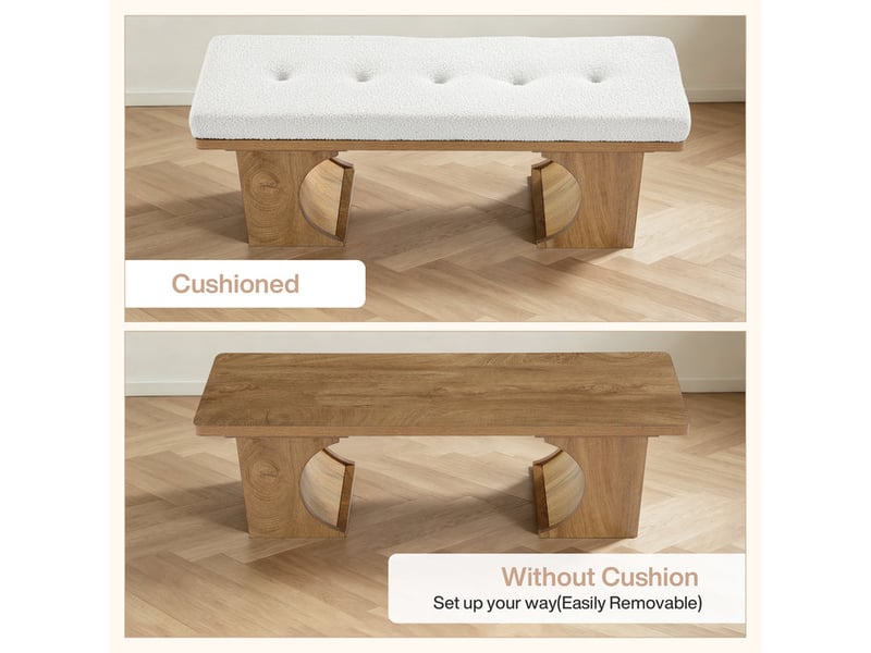  Banc rembourré de 120 cm, banc à chaussures au style rustique moderne avec coussin moelleux et pieds en bois incurvés, banc de bout de lit pour chambre ou entrée, blanc crème et marron.  - Conforama E