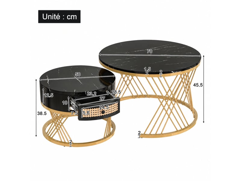  Ensemble de 2 tables basses rondes gigognes effet marbre noir et doré avec tiroir, ø 70 et 50 cm  - Conforama C