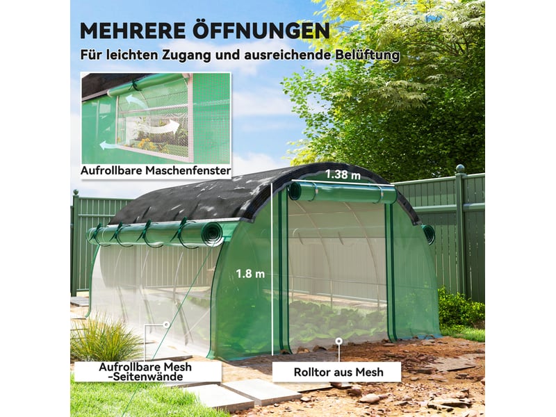  Serre tunnel de jardin 400x300x198 cm – verte – 8 fenêtres, porte et parois enroulables, protection uv  - Conforama D