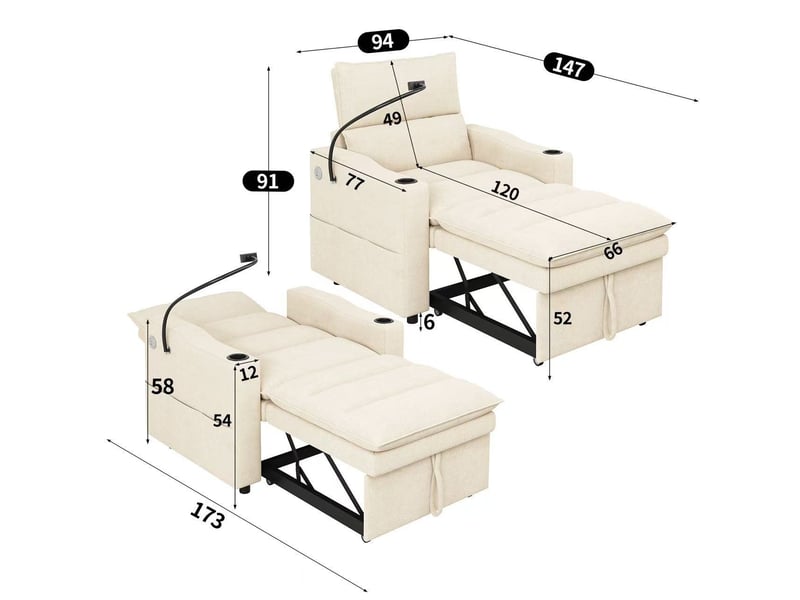 Fauteuil convertible 1 place 3-en-1 94x147 cm, couchage jusqu’à 173 cm, dossier 3 positions, usbusb-c, support téléphone 360°, chenille beige Morn Vibe - Conforama E