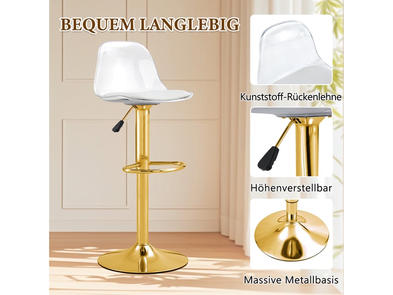  Lot de 2 tabourets de bar réglables,40,5x40,5x82-104 cm,métal,doré transparent  - Conforama D