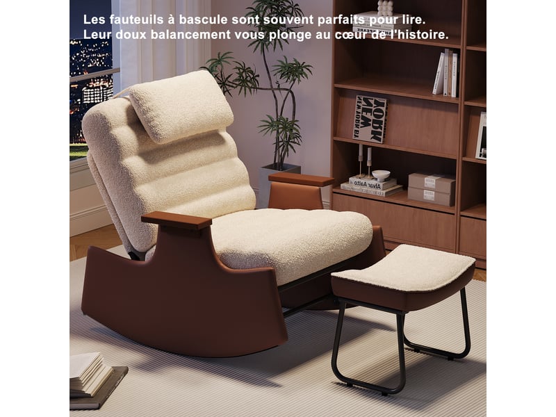  Fauteuil à bascule-rocking chair avec appui-tête - repose-pieds-scandinave -laine d'agneau -beige -61.5x51.5x81cm  - Conforama R