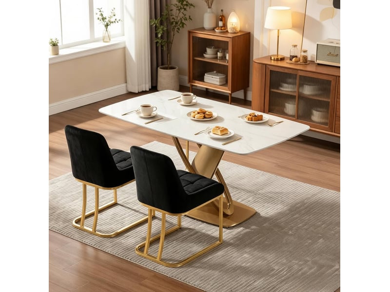 Chaise de salle à manger lot de 2 avec dossier ergonomique, patins réglables, en velours et métal noir et doré - Conforama C