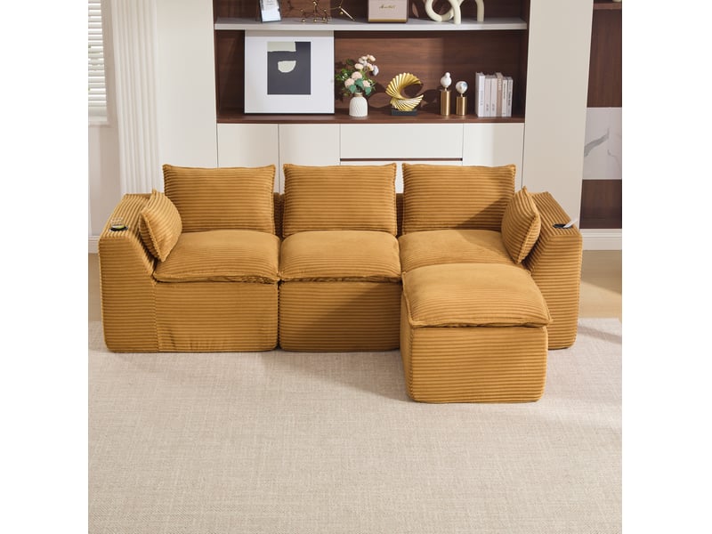  Canapé modulable 3 places modenvie avec pouf, coussins et porte-gobelets en velours côtelé orange 256 x 161 x 75 cm  - Conforama E