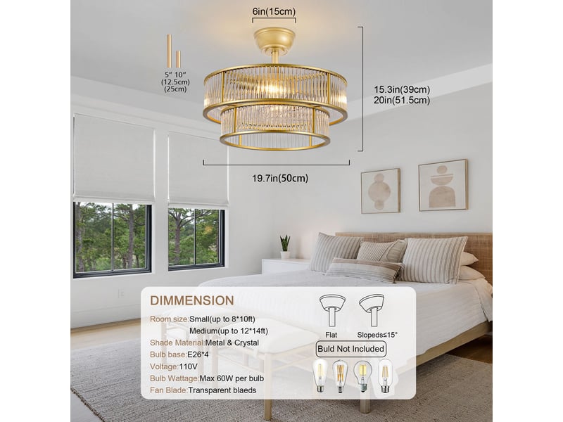  Ventilateur de plafond 50 cm éclairage led abs doré et verre 6 vitesses télécommande silencieux minuterie et mémoire  - Conforama E