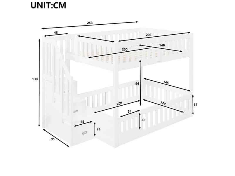  Lit superposé modenvie bas 140 x 200 cm avec escalier de rangement blanc  - Conforama C