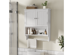 Meuble mural salle de bain blanc avec porte-serviettes, placard 2 étagères réglables
