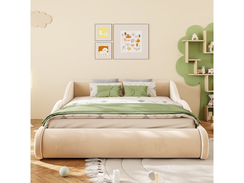  Lit 2 places 140x200 cm - lit rembourré en velours avec tête de lit haute et barrières de sécurité - beige  - Conforama B
