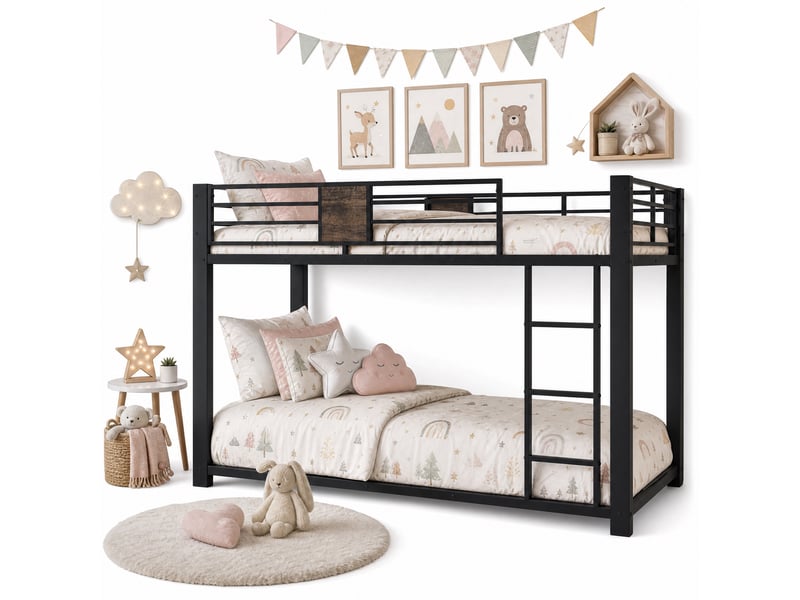 Lit superposé en métal 90 x 200 cm, bas 145 cm, échelle réversible et barrière de sécurité - Conforama A