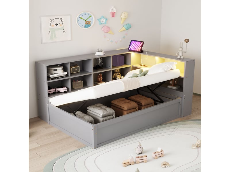 Lit gigogne 90x200, couchage intégré banquette lit, structure bois massif, rangements multifonctions, led multicolore, ports usb - Conforama B