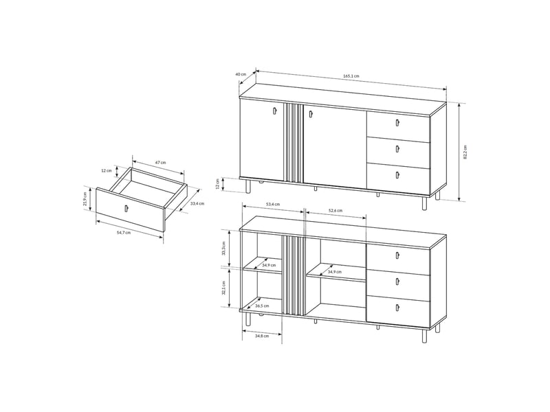  Crédence haradali, buffet 3 tiroirs, 165x40x82h cm chêne marron nœuds Haradali - Conforama C