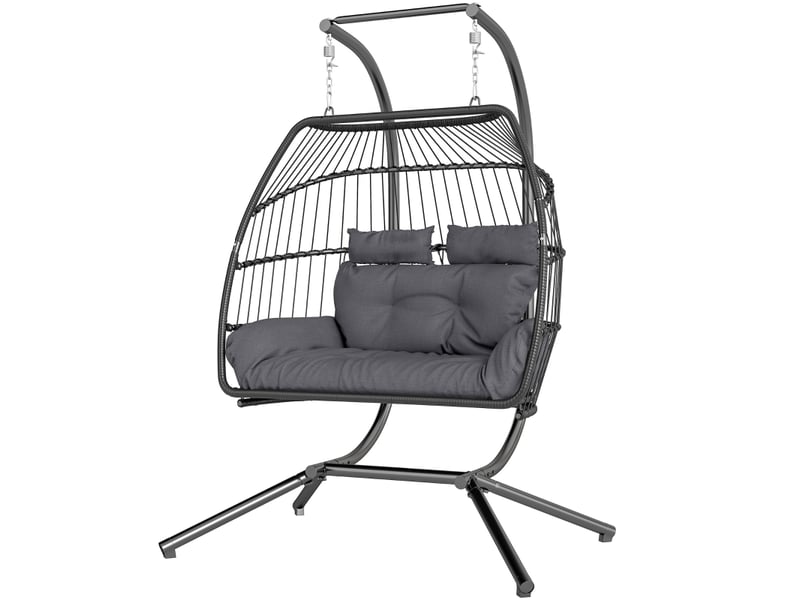 Banc de jardin fauteuil suspendu 2 personnes charge jusqu’à 260 kg structure acier thermolaqué stabilité triangulaire au sol rotin synthétique dossier en tressage de corde forme ergonomique coussin en mousse épaisse  - Conforama A