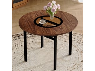 Table ronde moderne - 100 cm - bois brun - verre brun-gris - métal noir