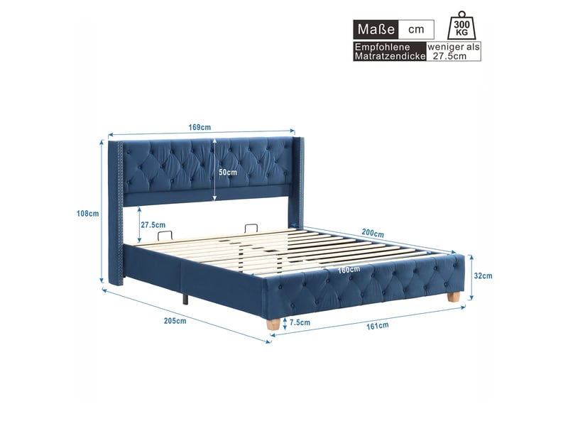  Lit rembourré tcqpz 160 x 200 cm avec sommier et tête de lit en velours bleu  - Conforama C