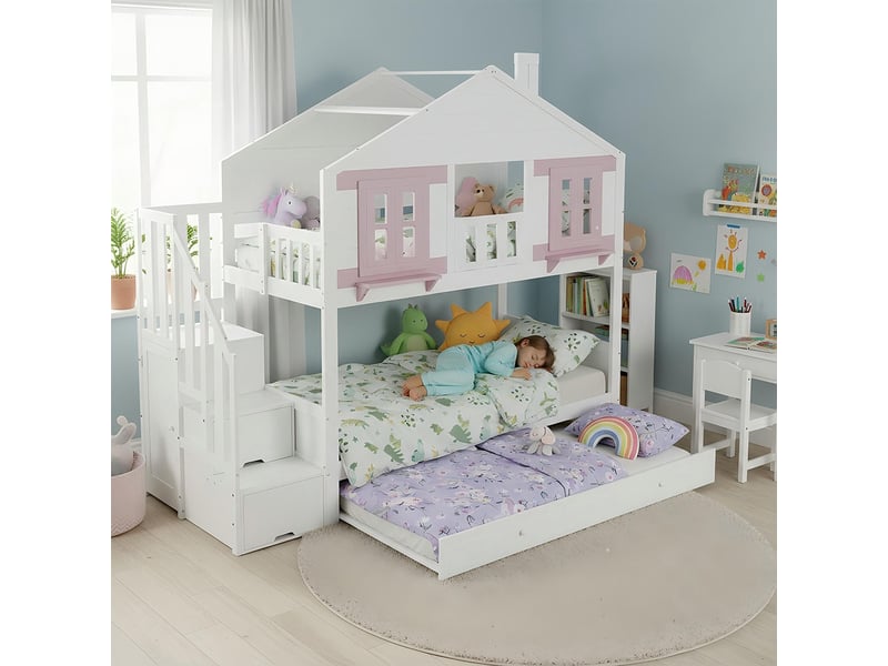 Lit superposé avec lit escamotable roulettes enfant zone cintres vêtements fenêtres toit sommier lattes stable pin mdf contreplaqué blanc rose 90x200 cm  - Conforama D