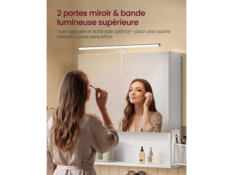 Meuble de salle de bain avec éclairage led, multiprise, panier suspendu, support pour sèche-cheveux, pour lavabo, blanc - Conforama E